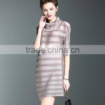 Women Striated Polo Neck Casual Pleated Dresses photo-5