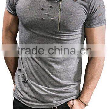 Curved Hem Blank Distressed t Shirts Mock Holes Longline Tee photo-4