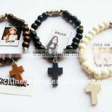 fashion wood beads bracelets, wood cross charm jewelry, promotion gifts