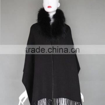 Hot sale fashion double knitted mink cashmere shawl with real raccoon fur collar for lady