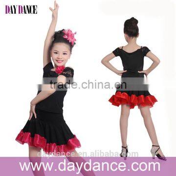 Modern Girls Kids Latin Dance Wear Sexy Cold Shoulders Flamenco Dress Black Lace Sleeve Dance Costumes For Children