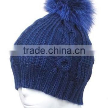 YR854 Women warm wool knit hat with raccoon fur pompom/ball