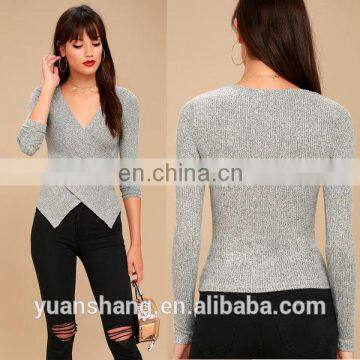 2017 new design grey long sleeve sexy wrap top for women