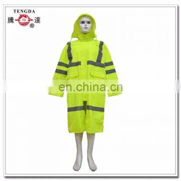 reflective yellow polyester long rain coat for construction worker