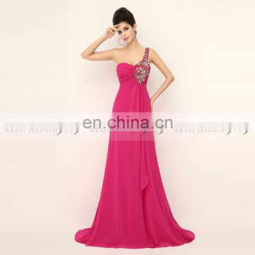 2016 Exquisite New Chiffon One Shoulder Dramatic Sweep Train Beaded Rhinestone Evening Dresses AJ019