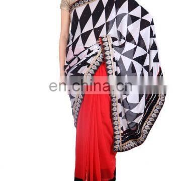 Exclusive Bollywood Designer Chex Printed Pallu with Zari Work Border Red Georgette Saree Sari
