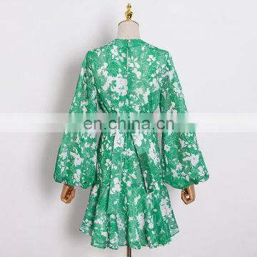 TWOTWINSTYLE Ruched Print Dress For Women V Neck Lantern Sleeve High Waist High Color Elegant photo-2