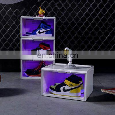 Clear Customized Shoe Box With Custom Logo Sneaker Side Open Voice Control Pull Out Shoe Box With Led Light