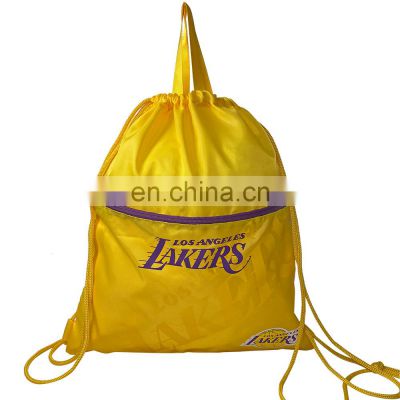 custom logo print big recycle polyester nylon yellow folding outdoor sport storage shopping backpack drawstring bag