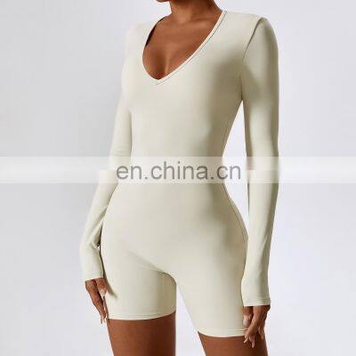 2023 Women Yoga Workout Bodysuits Gym Long Sleeve Sexy Fitness V Neck Fashion One Piece High Quality Breathable Jumpsuit photo-5