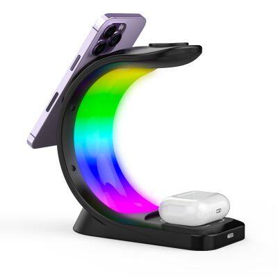 3-in-1 15W Fast Charging RGB Magnetic 3 in 1 Wireless Charger for IPhone for IWatch for Earphones photo-4