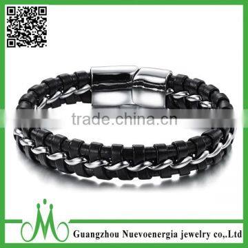 New Fashion Men Black double Braided Leather 316L Stainless Steel Chains Bracelet