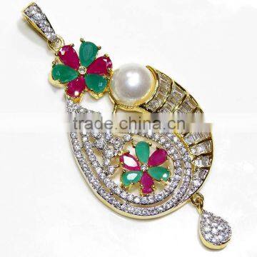 Gold Finish Ethnic, Emerald,Ruby Pendant & Earring Jewelry design with Meenakari (Enamal) . 22 K Gold Plated Jewellery