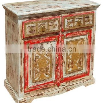 French Vintage Reclaimed wood cabinet, Colorful Brass Fitted Cabinet