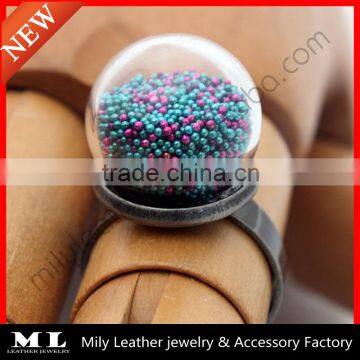 2014 Moveable Coloured Beads Metallic Micro Bead Glass Dome Globe Ring GHBR-007