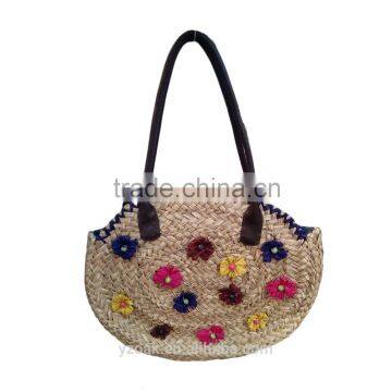 Small colorful paper flower round straw bag