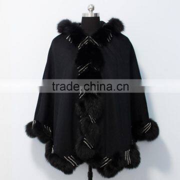 purple cashmere cape with fox fur trim with crystal lines /black fur cape