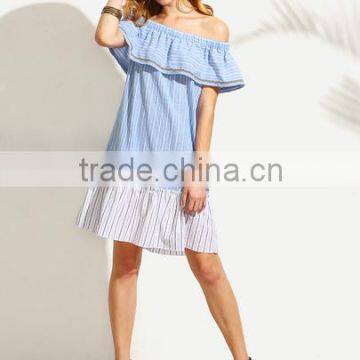 Dresses latest women girl design fashion photos Multicolor Striped Ruffle Off The Shoulder Dress