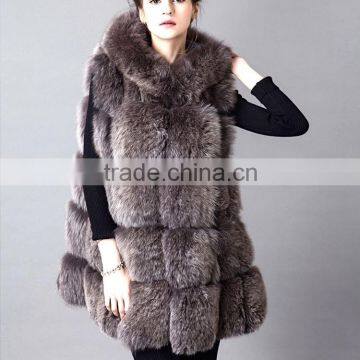 2016/2017 Latest Design Winter Top Quality Real Fox Fur Vest With Hood Long Style Whole Skin Silver Fox Fur Vest for Women