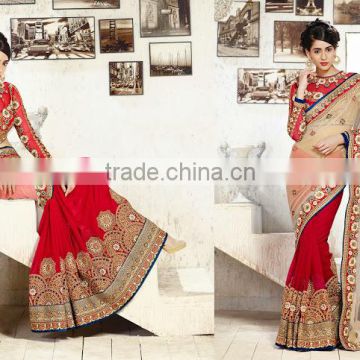 Red & Off White Georgette On Net Saree