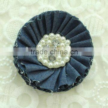 Denim pearl rhinestone centered flowers baby boutique wholesale china