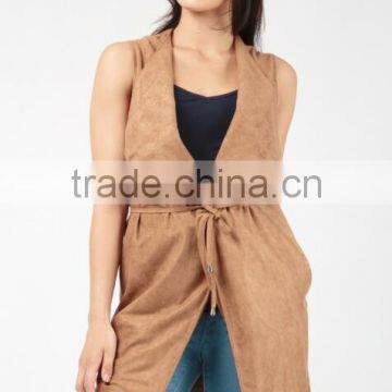 Designer Sleeveless Jackets Trendy Suedette Roll Neck High Waist Sleeveless Jacket Ladies For Outdoor Casual Wear