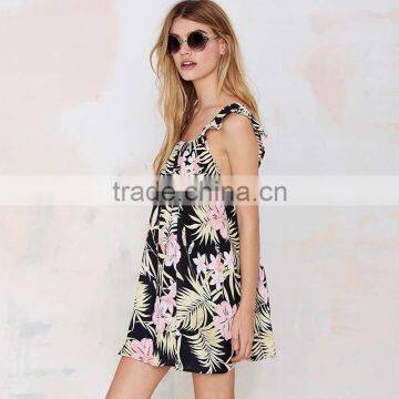 Ladies Fashion Sexy Back Open Floral Print Falbala Halter Top Short Dress photo-5