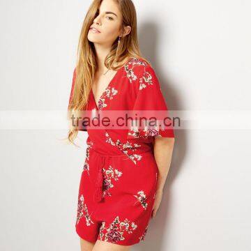 Drawstring Short Sleeve Playsuit for Women Rayon Floral Clothing photo-5