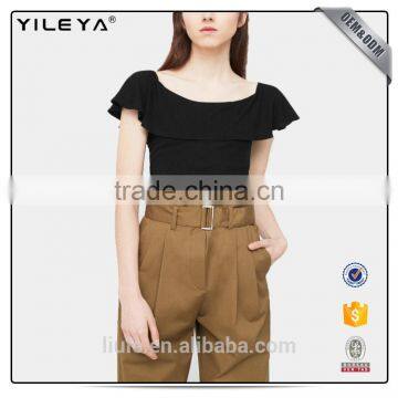 New Arrivals Fashion Striped Ruffled Trim Accordion Pleated Mature Ladies Blouse photo-3