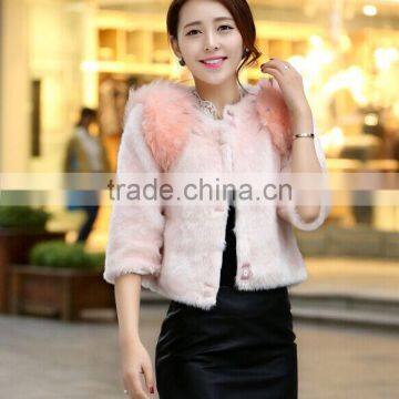 Ladies Pink Color Collarless Faux Rabbit Fur Coat For Women