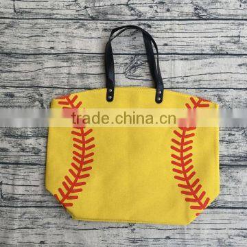 wholesale printed softball baseball canvas cotton personalized totes bag for moms football bags with leather handles