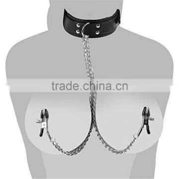 Fantasy PU Leather Slave Sex Neck Collar Chain with Nipple Clamps SM Toys