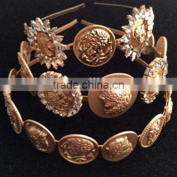 Luxury Baroque Style Gold Tone Chunk Coin Rhinestone Wide Hair Band Head Wrap