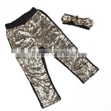 New style pants gold sequin long design for baby girls wholesale kids sequins pants with solid color headband is hot selling