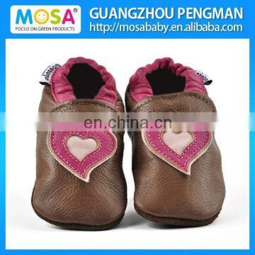 Soft Sole Cow Leather Shoes For Kid Brown Color Double Heart Pattern