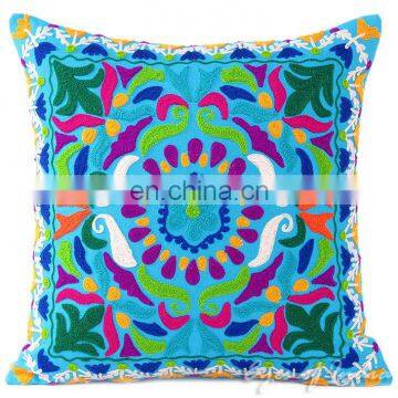 16" BLUE EMBROIDERED DECORATIVE SOFA CUSHION PILLOW COVER Boho Decor Indian Suzani throw cover Hippie Bohemian art wholesale