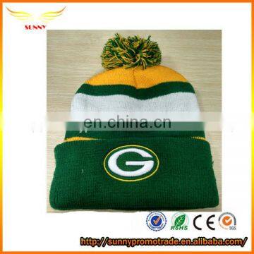 striped knit pom pom hats beanie with embroidery logo