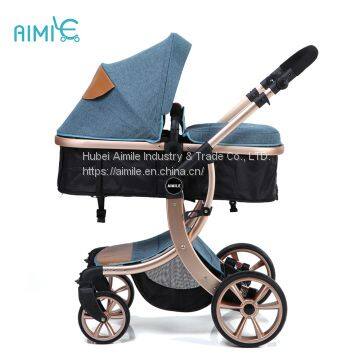 High-view folding baby stroller with gold chassis