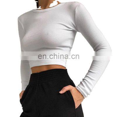 O Neck Long Sleeve Shirt Women Ribbed Sexy Cropped Tops 2021 Spring Black Casual Skinny Slim Basic Woman T Shirts White 4.8