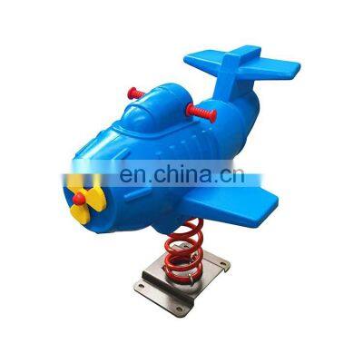 Kids cartoon ride on toy outdoor playground equipment blue plane plastic spring rocking horse for sale