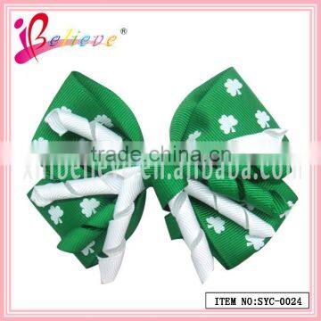 Green grosgrain hair accessories special design festival ribbon bow clover hair clip for Ireland (SYC-0024)