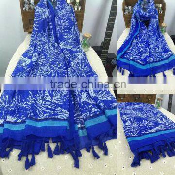 New Fresh Royal Blue Printing Cotton Polyester Fashion Women Tassel Scarf 2016