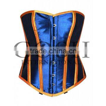 Overbust steel boned corset in blue-orange satin Ci-1115