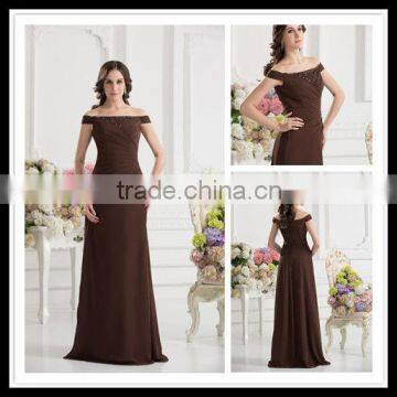 Real Sample Off-Shoulder A-line Floor Length Beaded Chocolate Mother of the Bride Dress xyy07-030