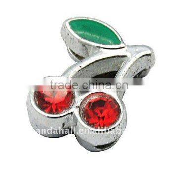 Alloy Rhinestone Slide Charms, Hair Band Decoration, Cherry, Crimson and Green, 8.7x11x4.6mm, hole: 1.7x8mm(ALRI-Q141-1)