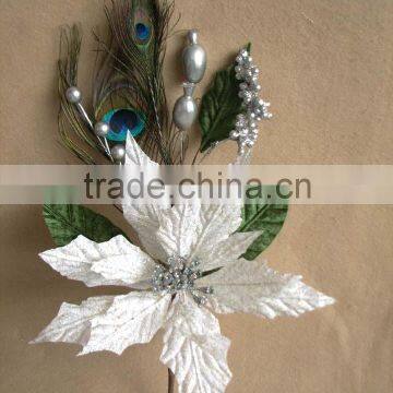 Christmas indoor decorations artificial velvet glitter poinsettia flowers christmas pick with peacock feather