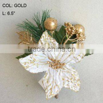 2014 Popular Artificial Christmas Gold Poinsettia Pick 6.5" Artificial Polyfoam With Berries and Pineneedle Pick