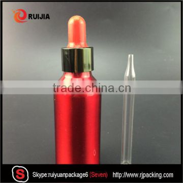 Hot selling 30ml red essential oil aluminum bottle with dropper cap and screen painting customed wholesales