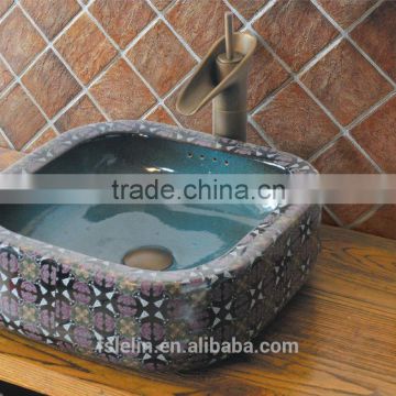 Handpainted ceramic art basin colorful countertop round sink porcelain flower edge bowl vanity top GD-F21