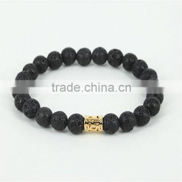 KJL-0098 Fashion Hot Natural Black Lava Stone Beads Charms Gold Tube Men Custom Stretch Bracelet Jewelry